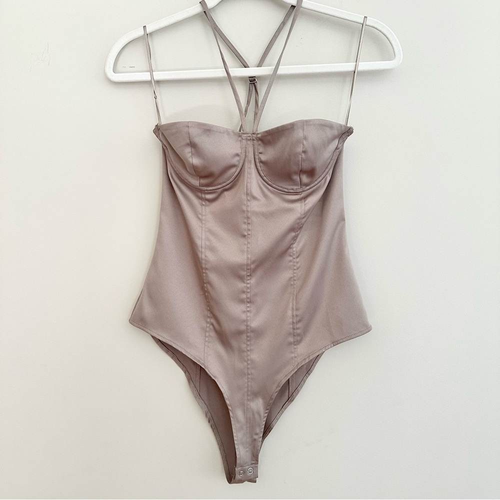 NWT ZARA Corset Satin Bodysuit, XS Tan